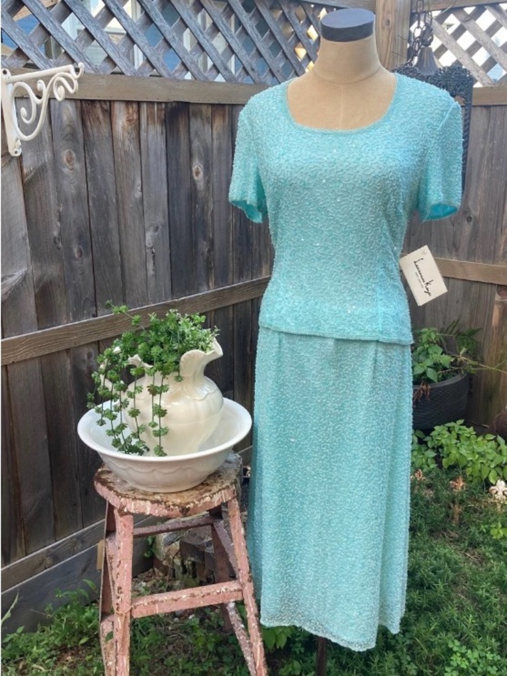 Laurence Kazar Aqua Beaded Dress Set